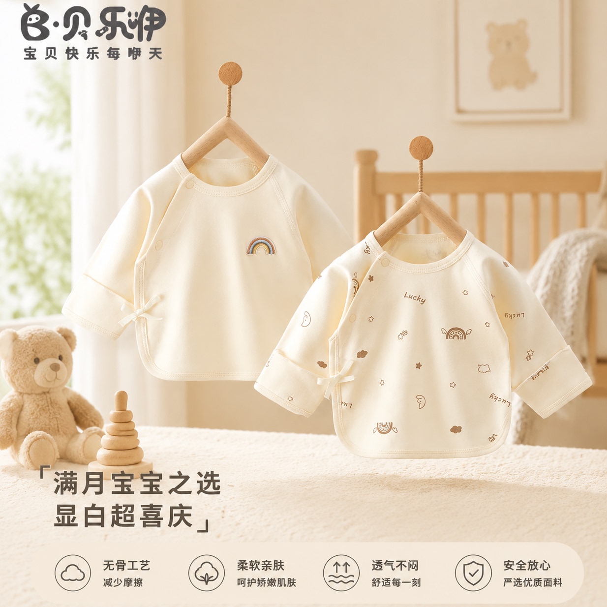 贝乐咿新生儿半背衣秋季纯棉打底上衣婴儿无骨长袖睡衣宝宝和尚服