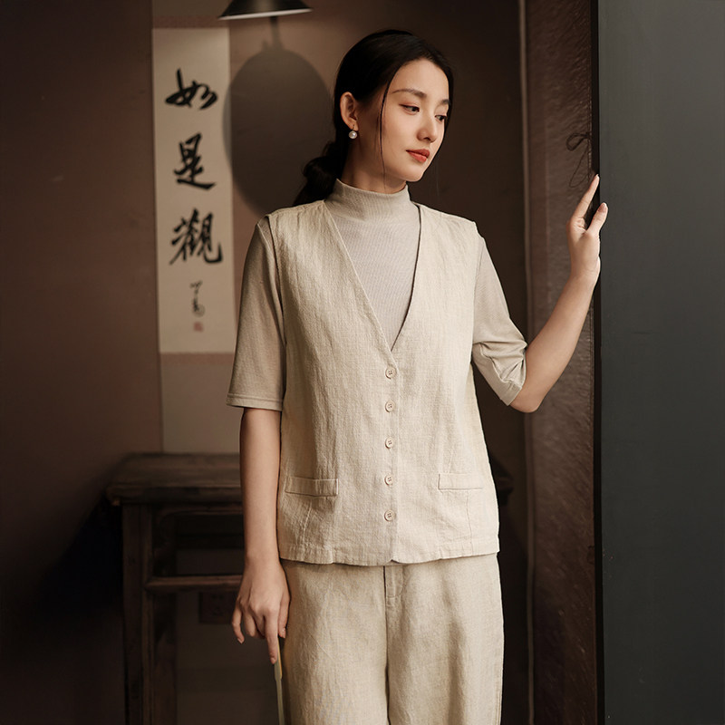 2026春季新款棉麻女装V领马甲女新中式复古苎麻国风外穿背心