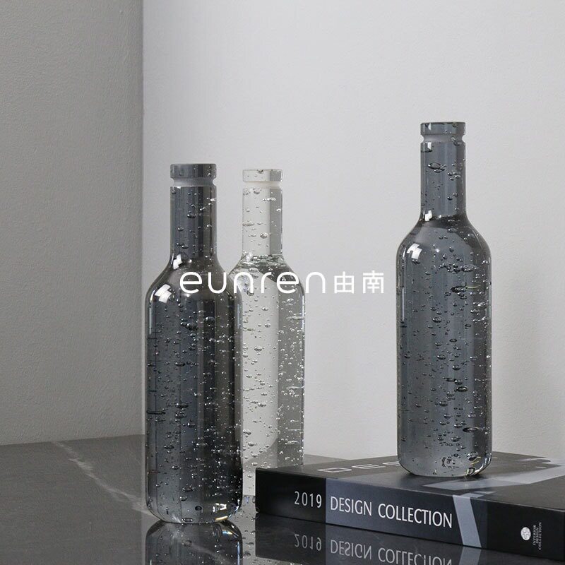 简约现代软装饰品透明酒瓶软装饰品花束插花瓶样板房间桌面摆件
