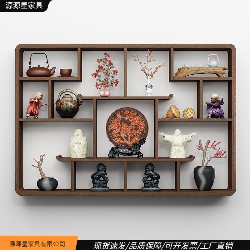 博古架实木新中式置物架壁挂式多宝阁现代简约墙上茶具摆件架子