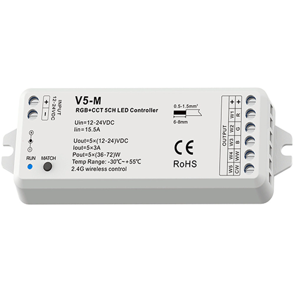V5-M 12-24V RGB+CCT五通道LED控制器10动态模式信号自动转发认证