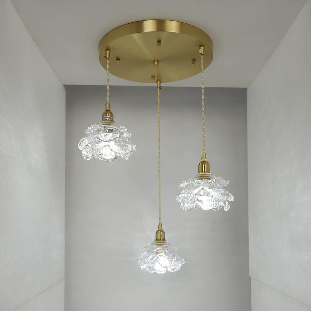 法式奶油风玻璃餐厅灯现代简约轻奢全铜卧室灯阳台灯圆形三头吊灯
