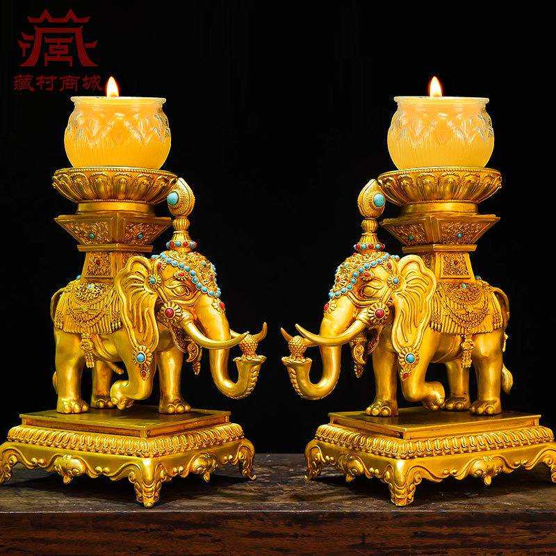 象宝灯座摆件铜鎏金雕花宝石镶嵌酥油灯座工艺品家用室内桌面摆设