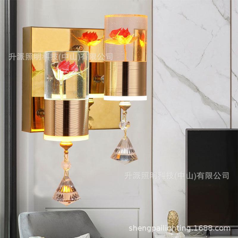 方形金属底座双头水晶亚克力真花壁灯 家居客厅走廊楼梯装饰墙灯