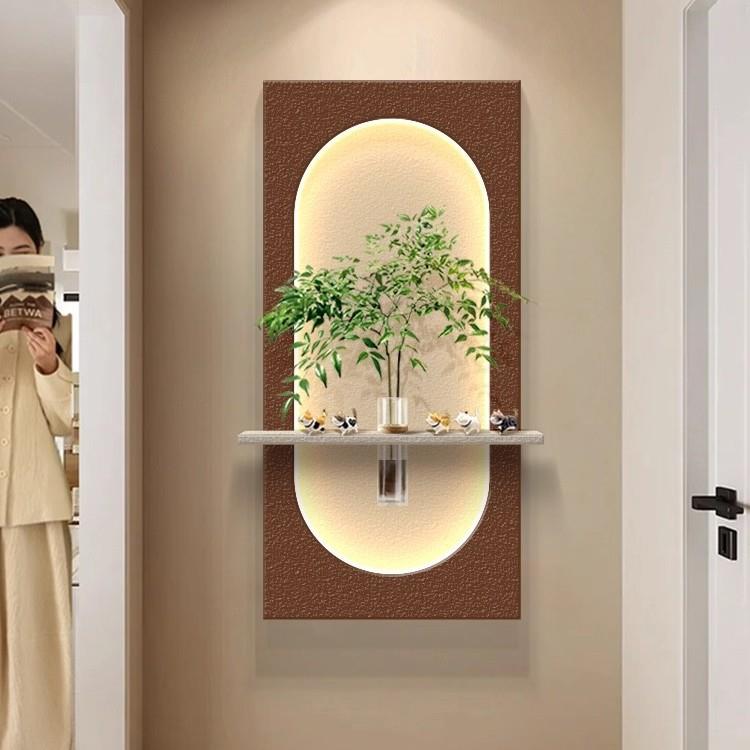 奶油风水培绿植砂岩装饰画带花瓶走廊过道发光壁灯画入户玄关挂画
