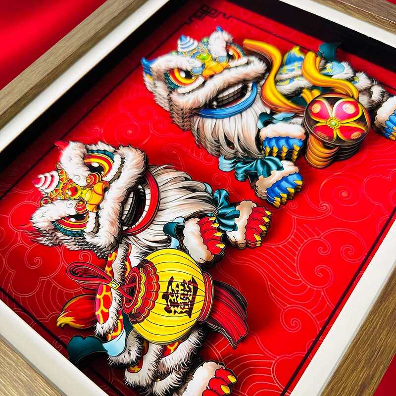 醒狮木质相框摆台手工艺品展示框装饰摆件文创国潮画框抓面摆台