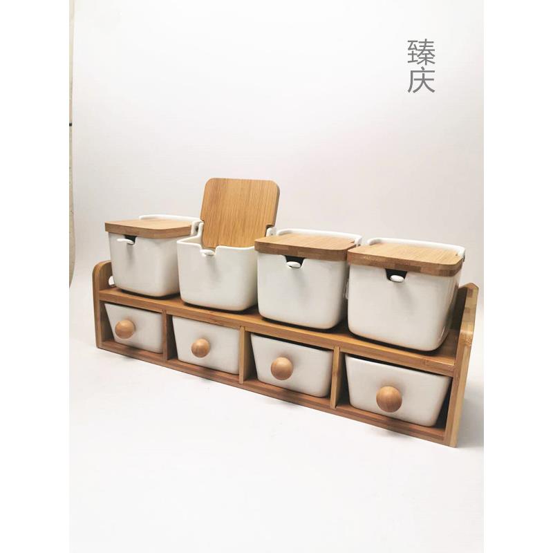 陶瓷双层套八抽屉式翻盖调味罐套装家用厨房盐糖辣椒调料盒收纳