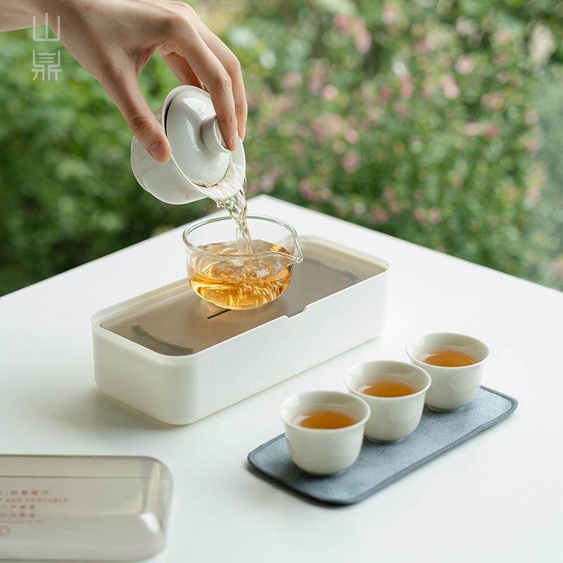 草木灰旅行茶具一盖碗三杯户外泡茶器家用陶瓷功夫套装泡茶碗茶杯