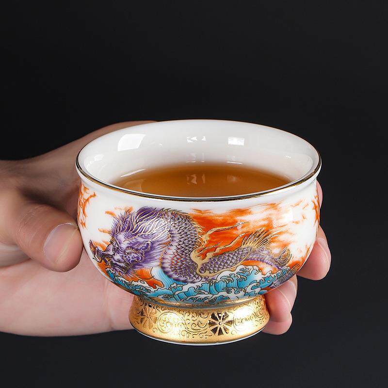 素烧羊脂玉冰种玉瓷鎏金茶杯茶盏主人杯单杯敬茶功夫品茗杯