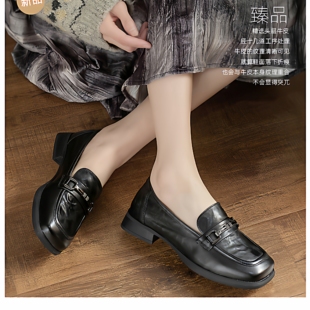 BODIESS新款乐福女鞋方头手抓纹粗跟轻便宽松气质舒适百搭女单鞋