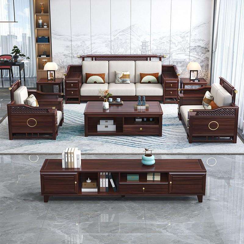 新中式乌金木全实木沙发茶几组合冬夏两用轻奢别墅大户型贵妃沙发
