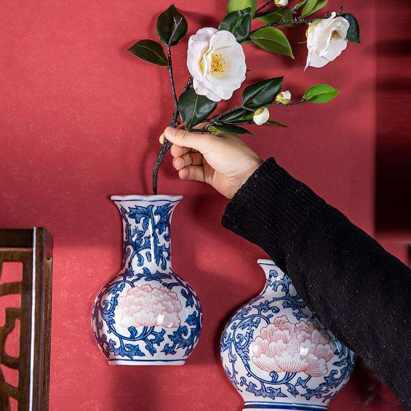 中式青花瓷陶瓷器挂瓶壁挂半瓶墙上花瓶垂吊绿萝花盆中式水培装饰