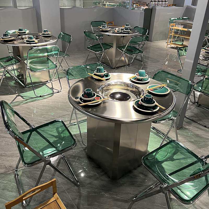 不锈钢火锅店圆桌子工业风韩式烤肉店餐饮西餐厅餐桌椅组合商用