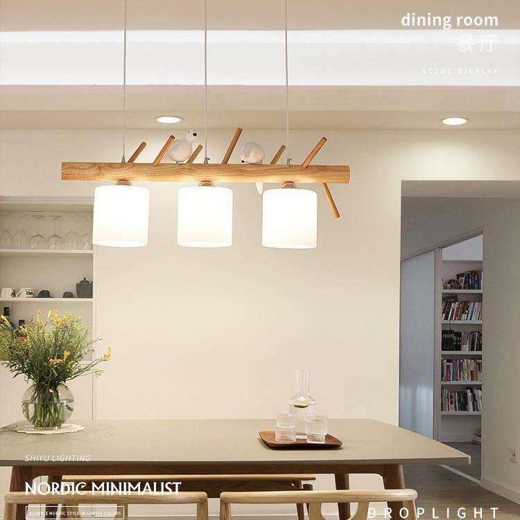 全光谱北欧实木餐厅吊灯创意个性led小鸟吊灯日式原木灯饰吊灯