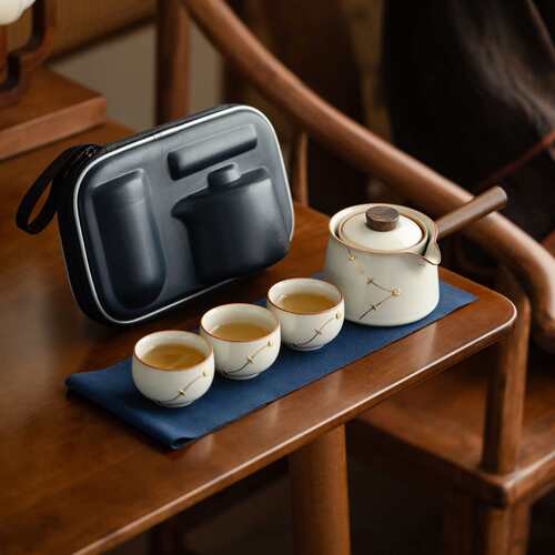 厂家御黄汝窑户外旅行茶具套装便携梅花枝转转陶瓷泡茶壶露营喝茶