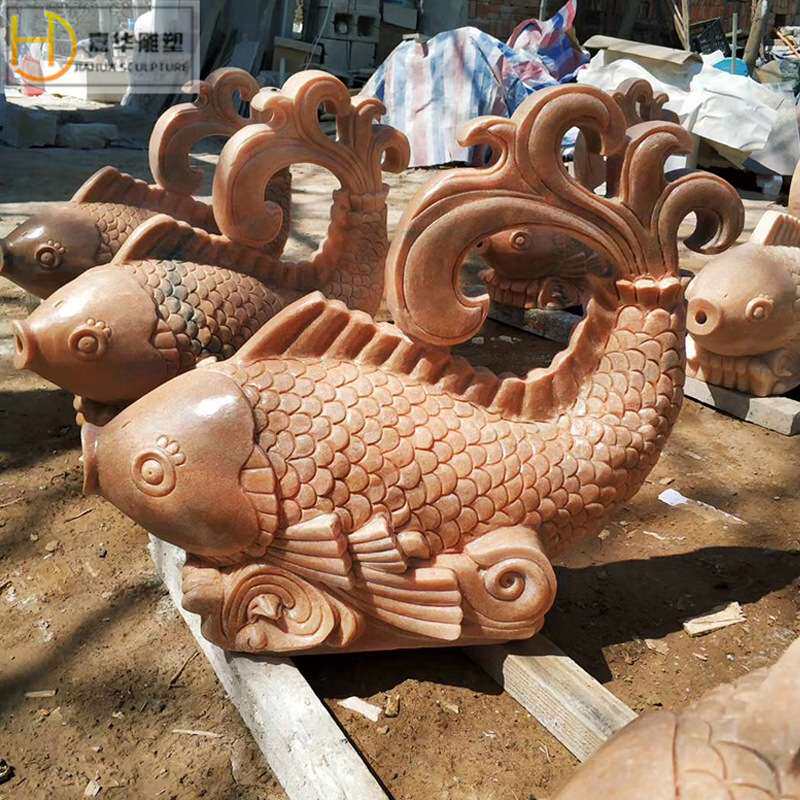 石雕喷水鱼晚霞红鲤鱼欧式喷泉装饰户外吐水小鱼喷水摆件