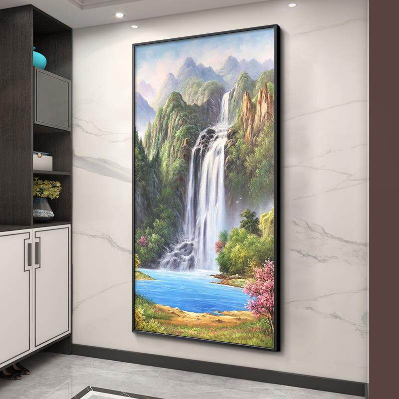 入户玄关油画欧式客厅进门装饰画山水风景画走廊过道挂画流水生财