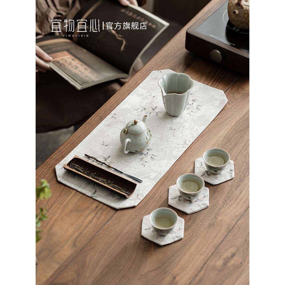双面复古云纱桂花茶席日式禅意防水棉麻布桌旗新中式茶台茶布艺