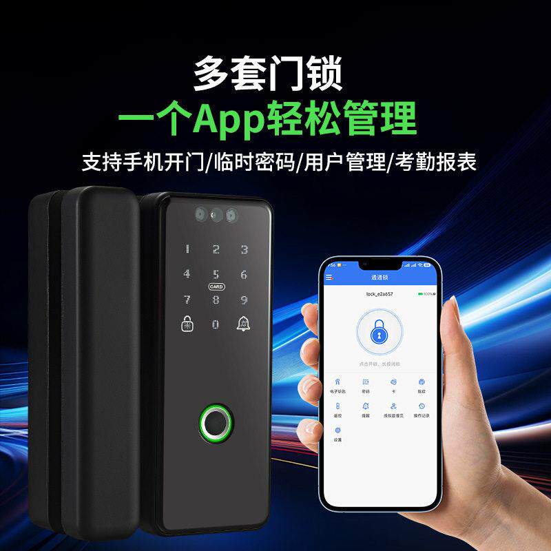 双开玻璃门锁免打孔公室商铺人脸识别玻璃门智能锁