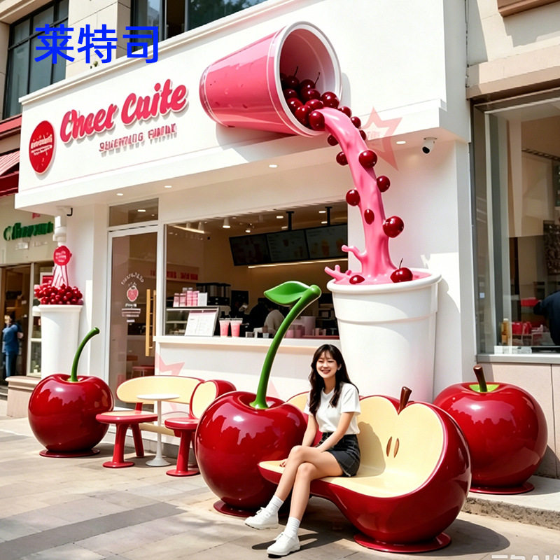 玻璃钢雕塑草莓杯商场奶茶烘焙店铺门头装饰拍照打卡大型雕塑摆件