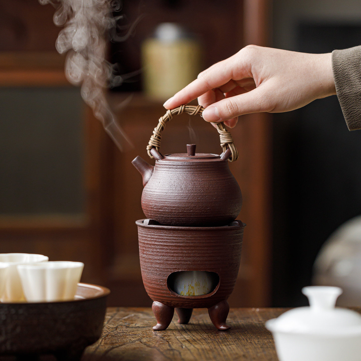 皓澜粗陶温茶炉套装围炉煮茶提梁壶户外露营复古中式泡茶器酒精炉