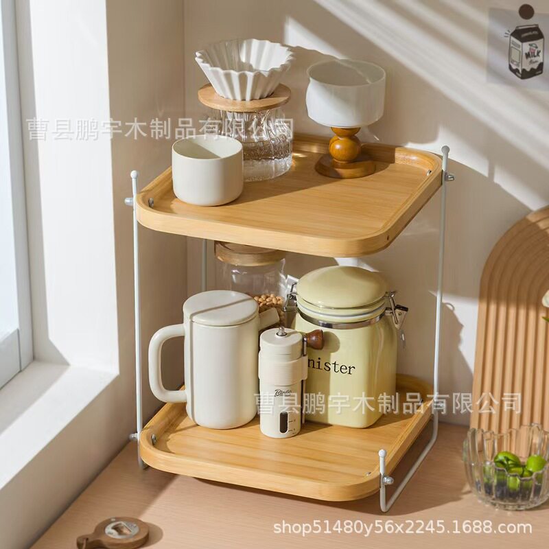 木质置物架简约厨房调料用品收纳置物架实木铁艺结合杯子储物架