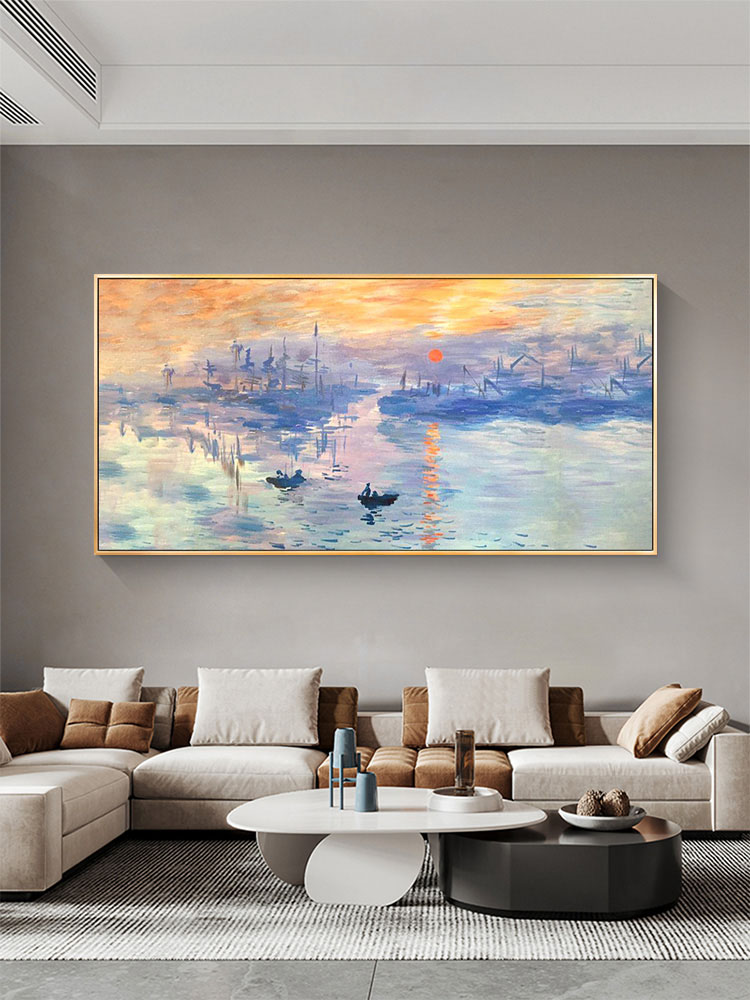 大芬村手绘油画莫奈日出现代美式客厅装饰画沙发背景横版挂画过道