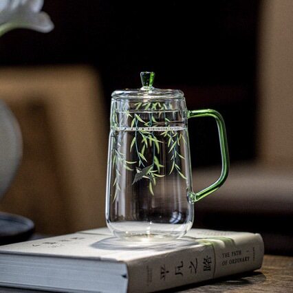 陶似瑞璃玻璃月牙过滤绿茶杯透明高颜值花茶杯泡茶杯把手茶杯