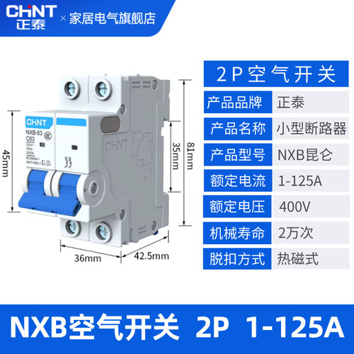 正泰空气开关NXB-63家用小型断路器空开2P3A10A16A63A80A100A125A