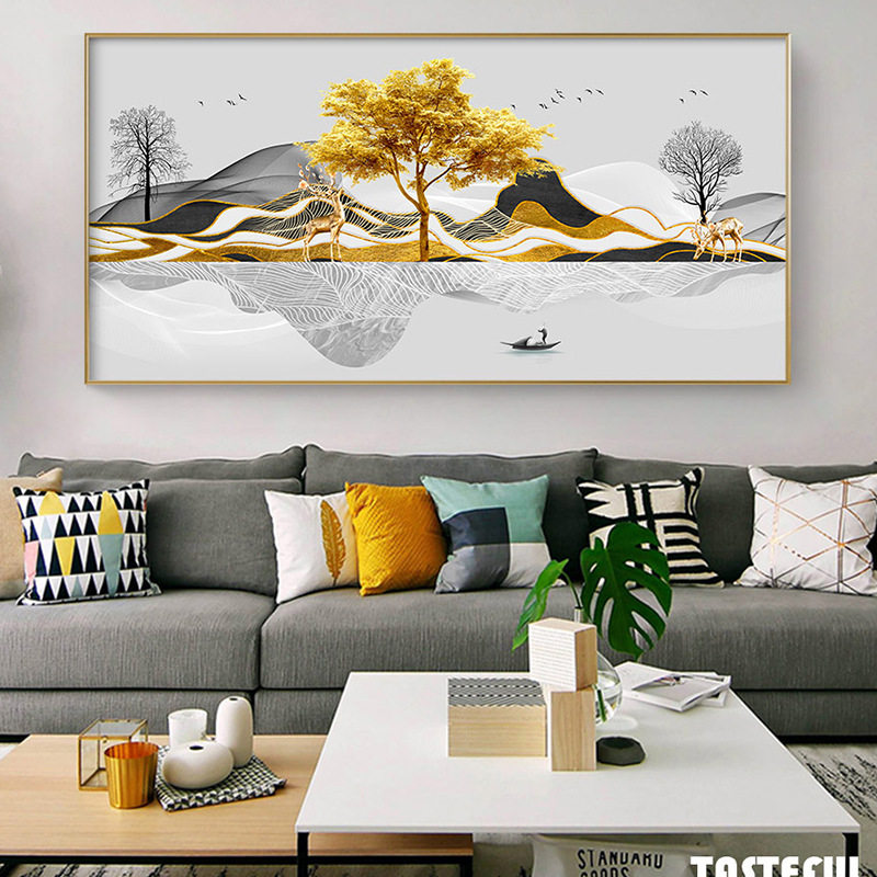 发财麋鹿客厅装饰画新中式卧室床头画抽象山水画黄金发财树挂画