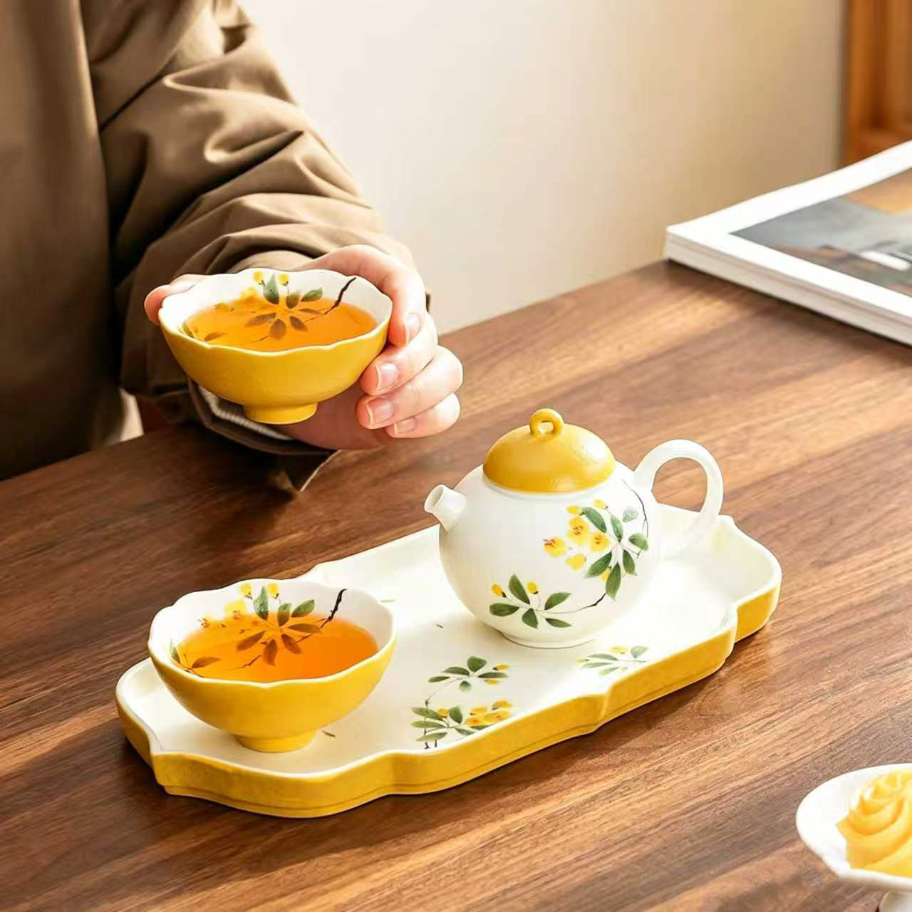 觅礼文创手绘桂花茶壶小套装中式高档陶瓷茶盘茶杯女士专用一人饮