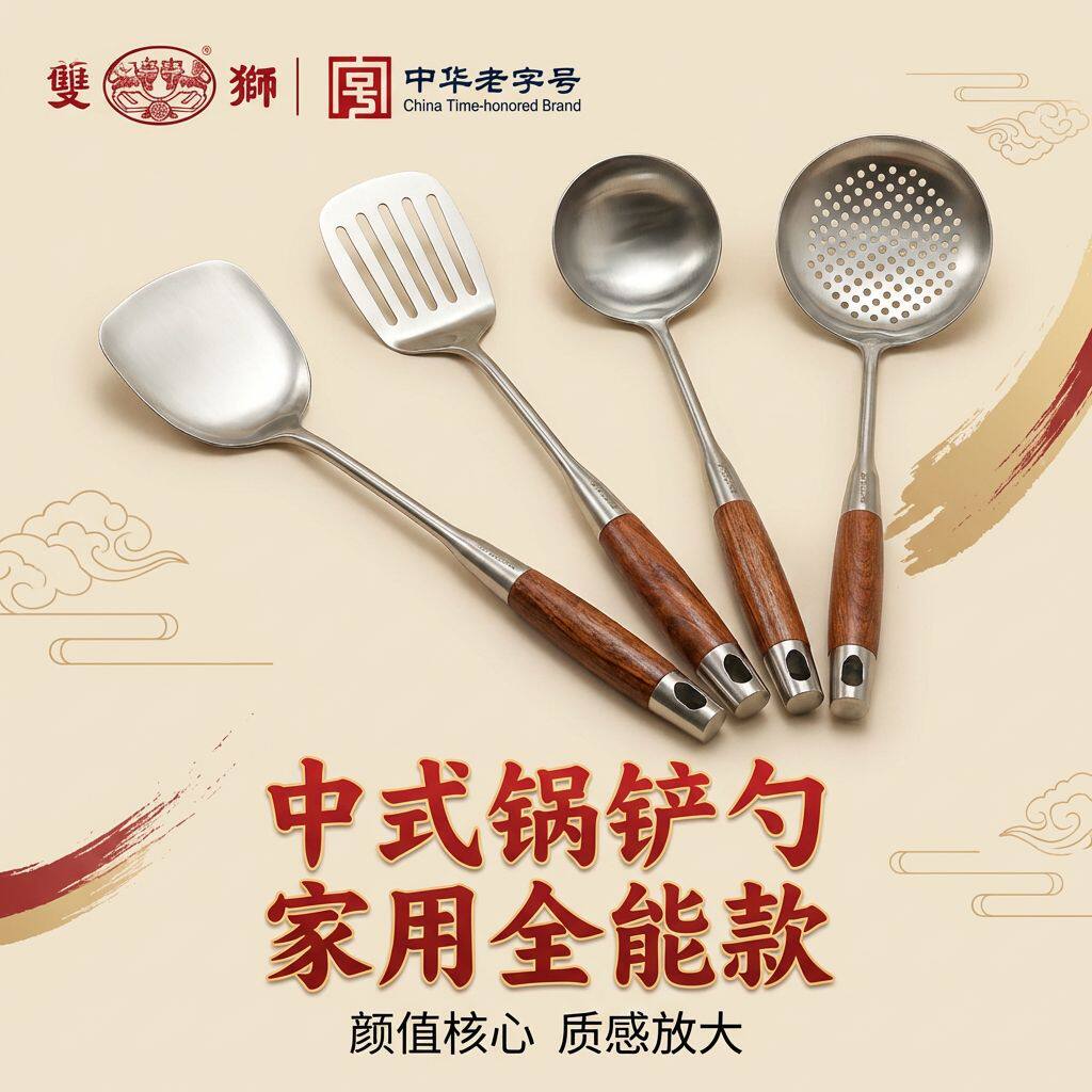 双狮铲勺304锅铲汤勺漏勺煎铲厨房炒菜套装家用全套厨具木柄防烫