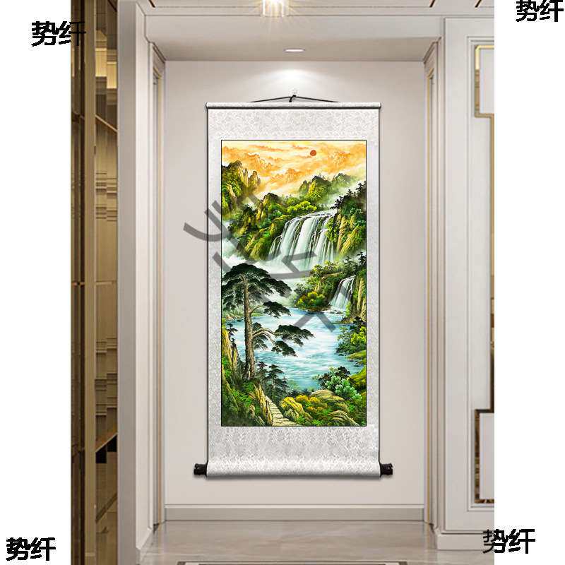 竖款西墙聚财山水画流水生财风景画玄关客厅卷轴聚宝盆装饰