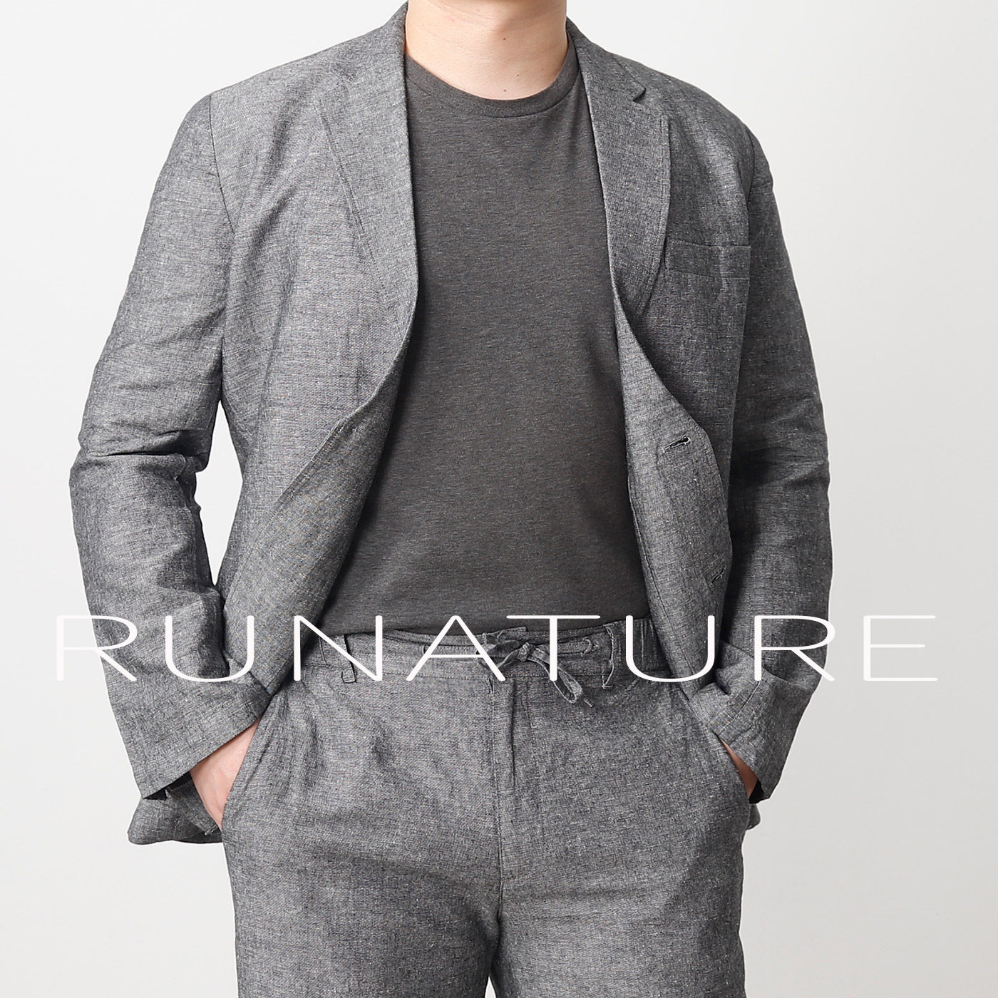 入然RUNATURE麻棉老钱风灰色西装男商务休闲修身西服外套高级通勤