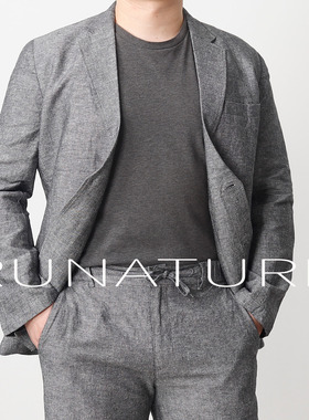 入然RUNATURE麻棉老钱风灰色西装男商务休闲修身西服外套高级通勤