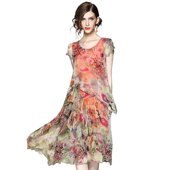 奈昕定制34933印花修身 中年中长款 型短袖 连衣裙A字裙圆领飞飞袖