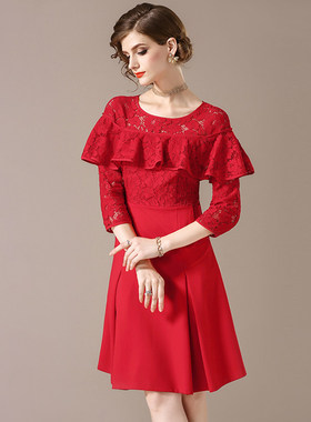 奈昕个性化私人订制 62255圆领落肩七分袖蕾丝拼接连衣裙红色节庆
