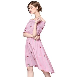 奈昕让您穿着漂亮个性化私人订制32939 卍条纹绣花春夏连衣裙一字