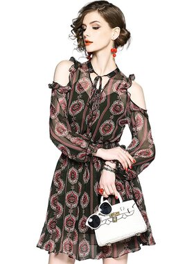 奈昕让您穿着漂亮个性化私人订制 31601 韩版露肩小淑女印花连衣