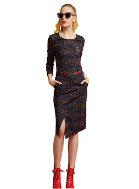 奈昕定制 97694 new dress复古气质修身韩版新款妈妈装开叉连衣裙