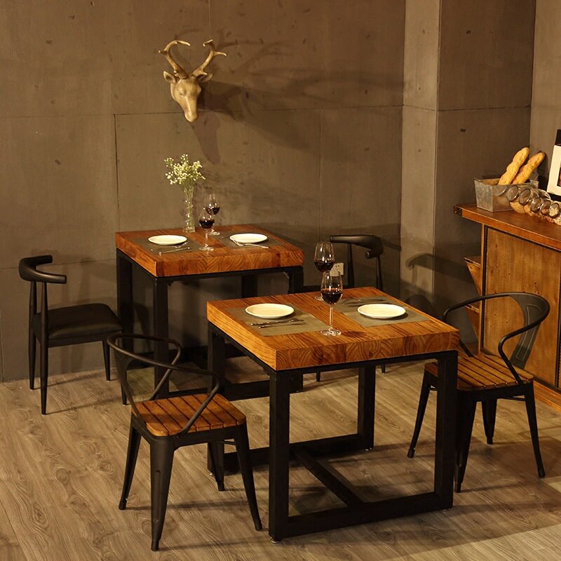 美式酒吧实木铁艺小方桌 复古餐厅双人桌椅咖啡厅奶茶店茶几组合