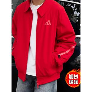 保暖复古夹克篮球宽松美式 外套 新款 阿迪达斯红色加绒棒球服男冬季