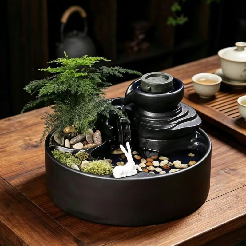 创意陶瓷流水器茶桌禅意微景观风水轮循环水招财桌面加湿器