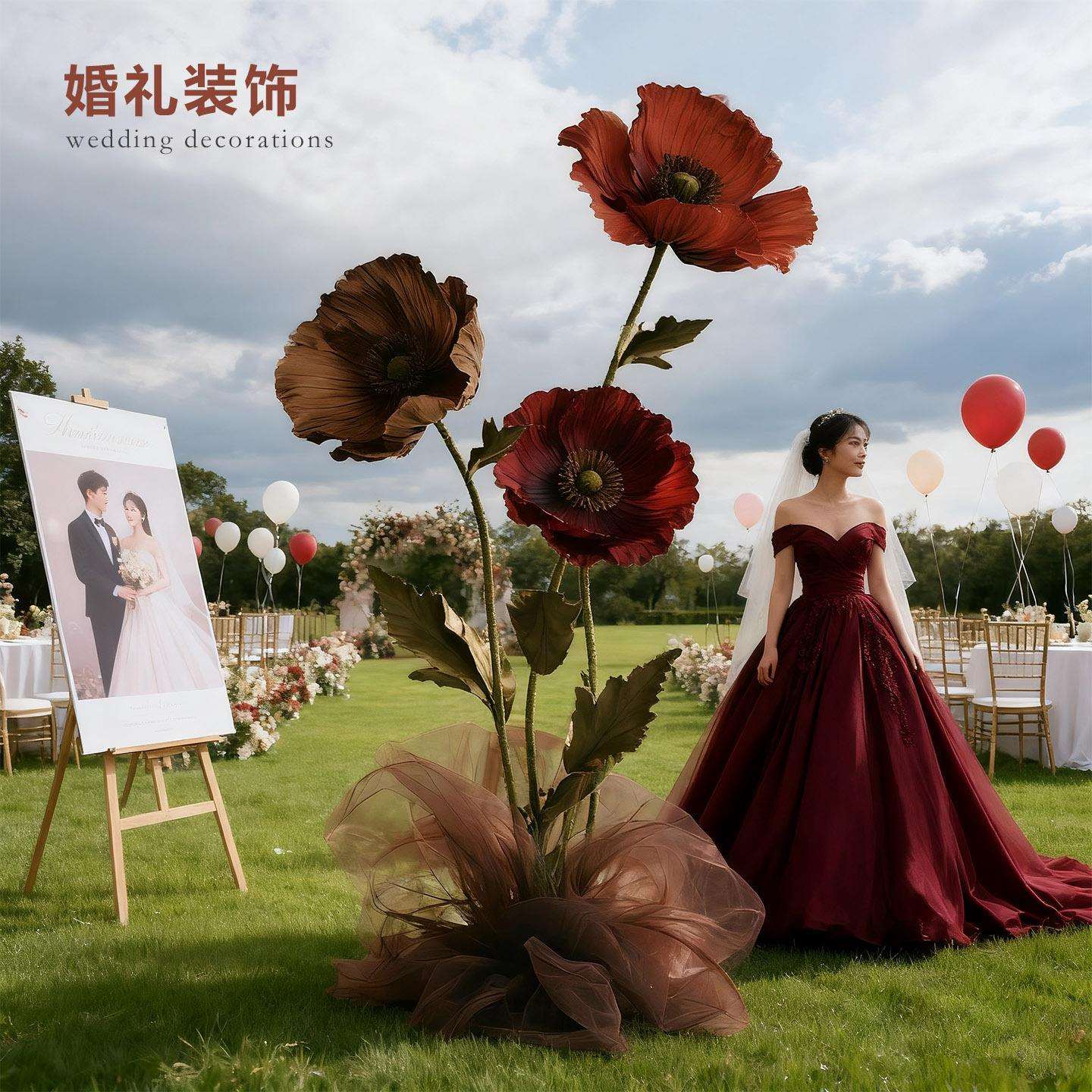 巨型虞美人纸花婚礼派对活动店铺复古风万圣节装饰纸艺装置仿真花