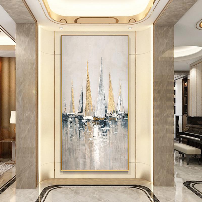 手绘油画抽象金箔帆船玄关装饰画现代轻奢走廊过道一帆风顺挂画