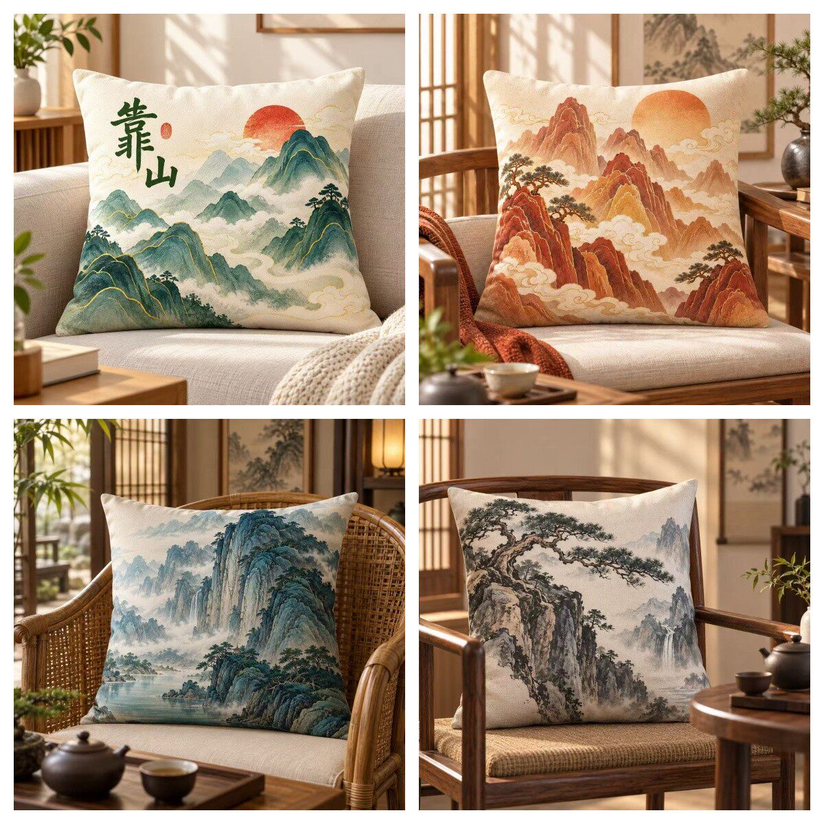 中式山水客厅靠垫沙发平面枕套水墨印花靠枕中国高级茶室禅意枕套
