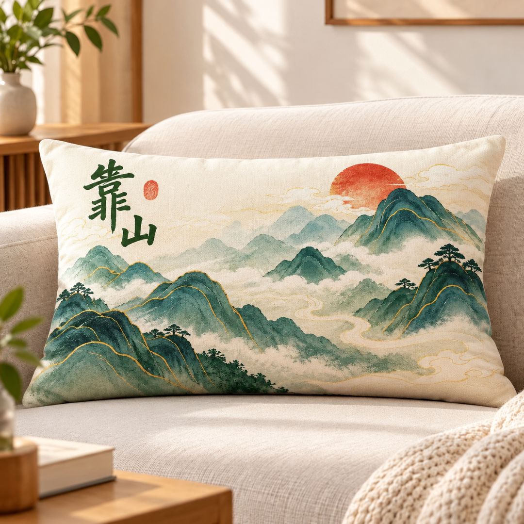 中式山水客厅靠垫沙发平面枕套水墨印花靠枕中国高级茶室禅意枕套