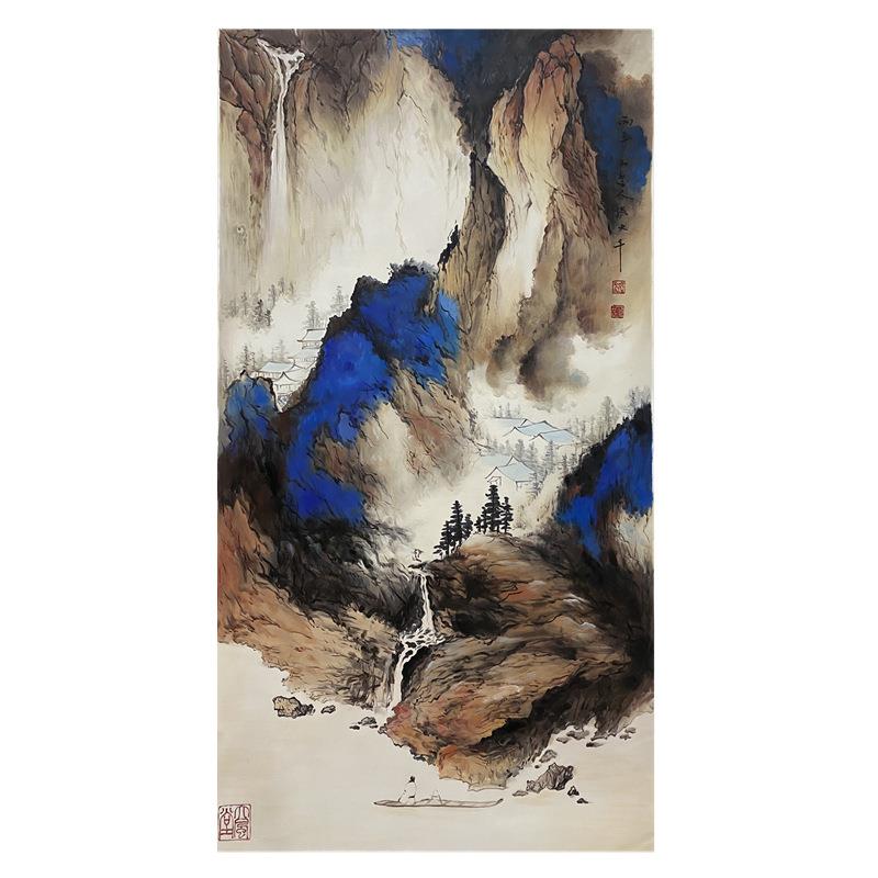 纯手绘油画新中式国画泼彩泼墨山水风景玄关客厅风水招财装饰挂画