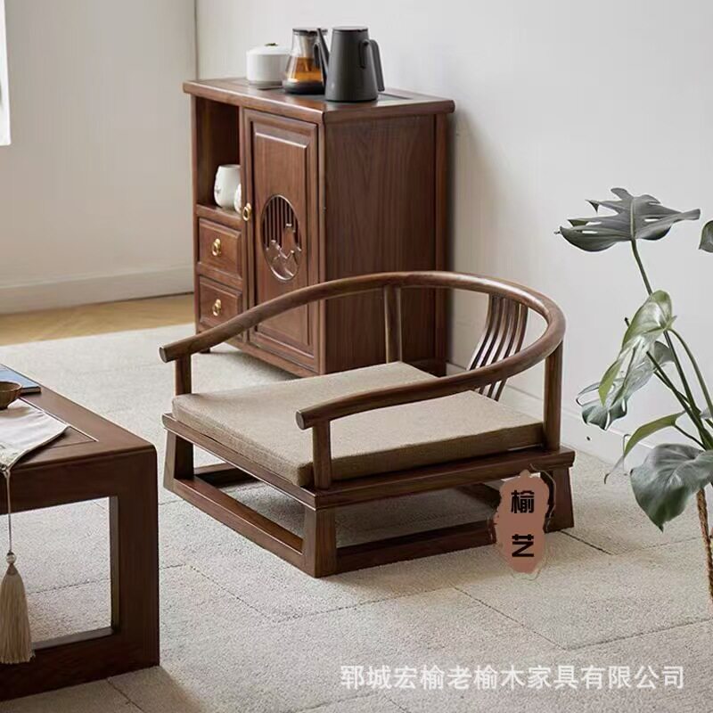 新中式全实木禅椅加厚打座椅家用泡茶椅禅室盘腿椅茶室榆木太师椅