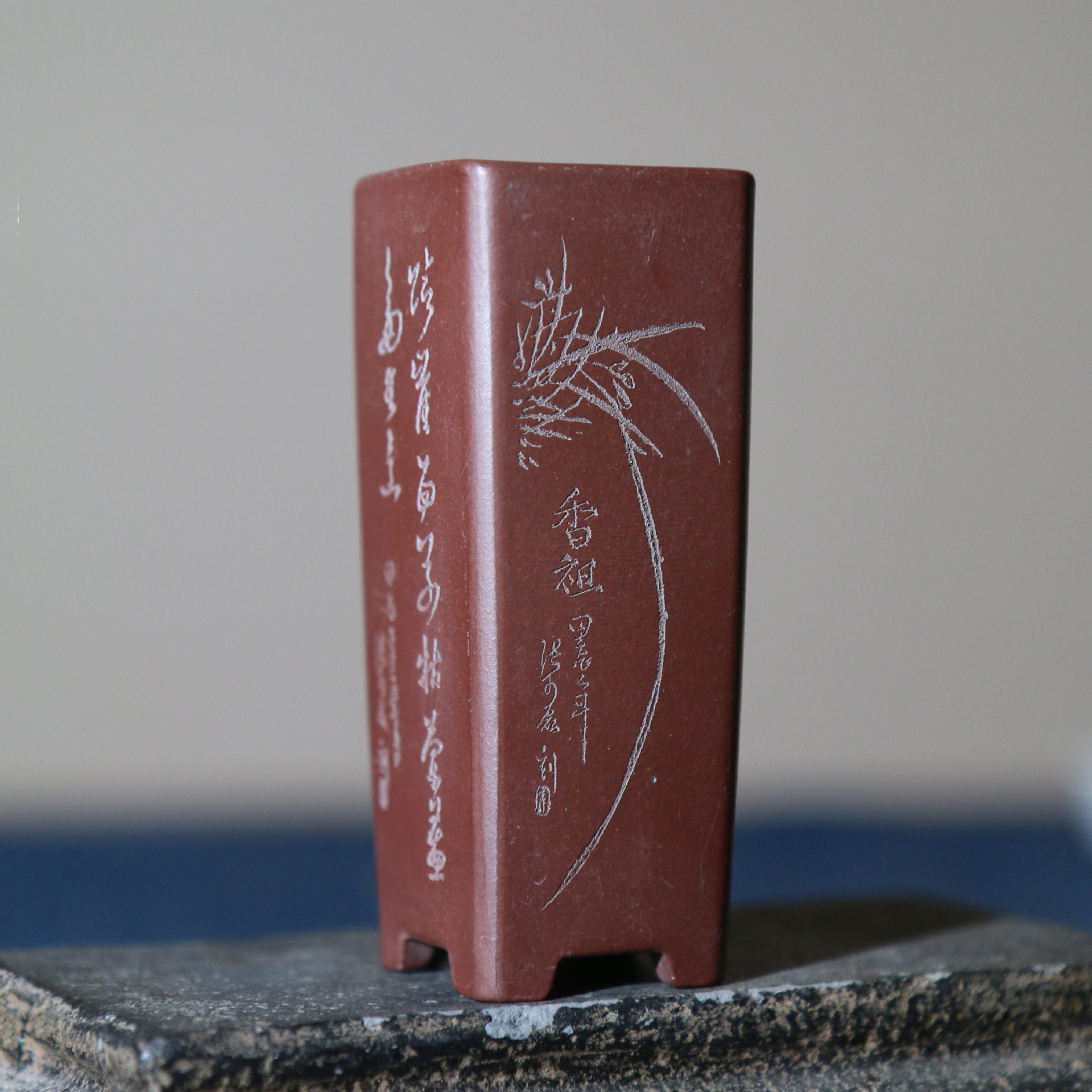 紫砂花盆小签筒千筒微型花盆桌面掌上盆景悬崖盆手工刻绘张可磊